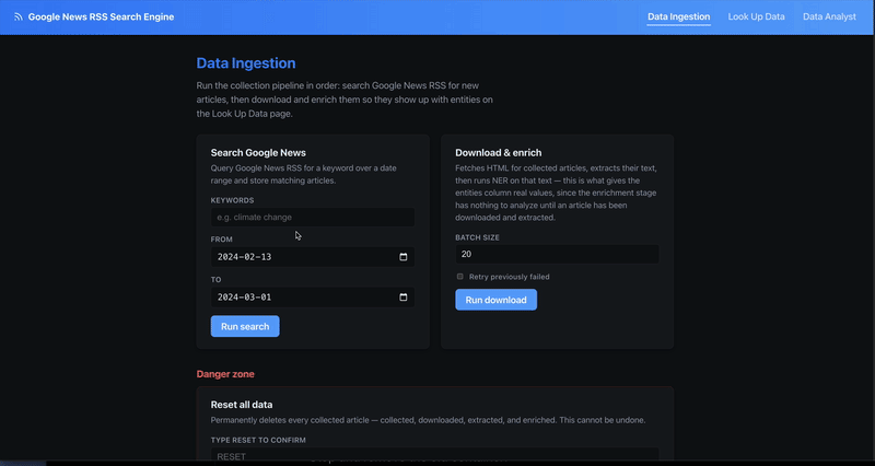 Google News RSS Radar demo — collecting, searching, and browsing trends across news articles